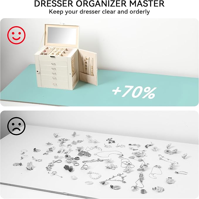 Frebeauty Large Jewelry Box,6-Tier PU Leather Jewelry Organizer,Multi-functional Storage Case with Mirror,Accessories Holder with 5 Drawers for Necklace Bracelets Watches(Pearl White)