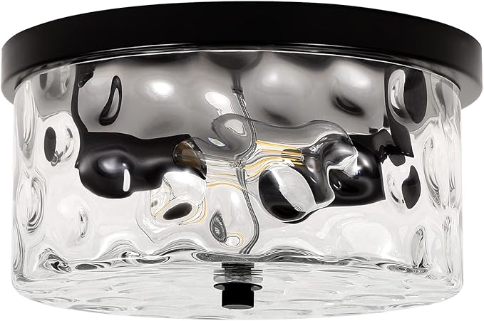 LamQee 9.8" Small Flush Mount Ceiling Light With Clear Hammered Glass, Black Hallway Light Fixtures Ceiling Mount for Bathroom, 2-Lights Farmhouse Close To Ceiling Light Kitchen Foyer Entryway Bedroom