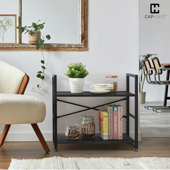 CAPHAUS 3 Tier Small Bookshelf, 24 Inch Width Free Standing Shelf, Bookcase Shelf Storage Organizer, Industrial Book Shelves for Home Office, Living Room, Black Shelves & Metal Frame