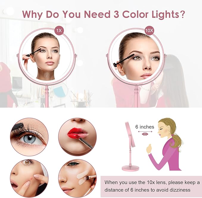 Lighted Makeup Mirror, 3000 mAh Rechargeable Double Sided Magnifying Vanity Mirror with 3 Colors, 1x/10x, 360° Rotation , Brightness Adjustable Magnification Cosmetic Light up Mirror, Women Gift