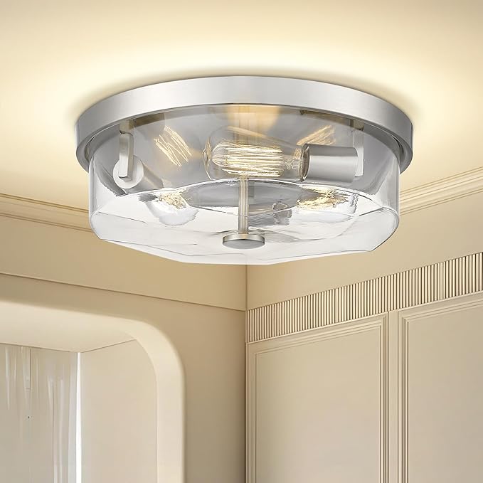 Brushed Nickel Flush Mount Ceiling Light, 3-Light Hallway Light Fixtures, Modern Farmhouse Farmhouse Ceiling Light Clear Glass for Kitchen Porch Entryway Indoor Outdoor