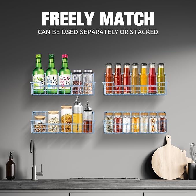 Spice Rack Wall Mount, Wall Spice Organizer for Kitchen Cabinet Door, Pack of 4 Hanging Spice Rack for Wall Saving Kitchen Space, Light Blue