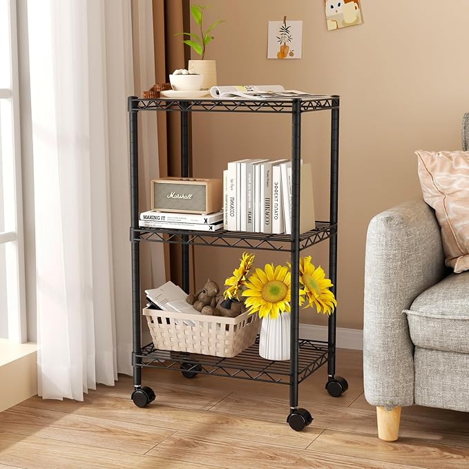 Small 3 Tier Shelves Storage Wire Shelving Unit Metal Shelf Adjustable Organizers Storage Shelving with Wheels for Bathroom Laundry Room Kitchen Pantry12”D x 18”W x 30.7”H Black