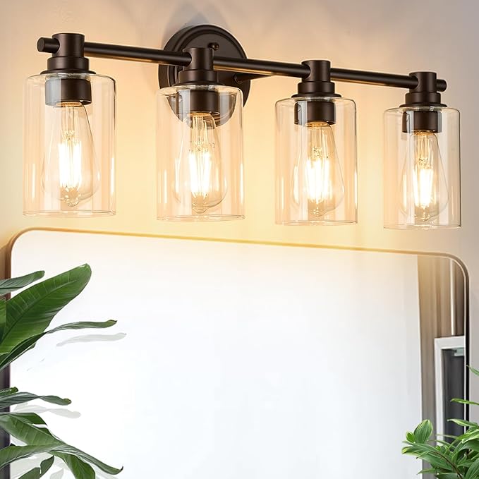 Bathroom Light Fixtures Wall Sconce Light with Clear Glass Oil Rubbed Bronze 4 Lights Bathroom Lighting Over Mirror Vanity Lights for Living Room,Bedroom,Restroom,Hallway E26 Base