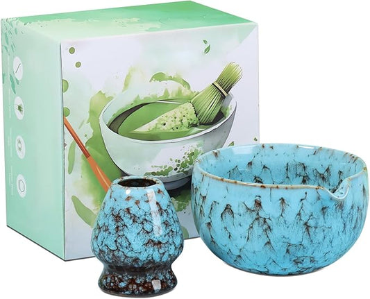 2Pcs Ceramic Matcha Bowl and Whisk Holder Set Easy to Use Tea Bowl and Whisk Stand Easy to Clean Matcha Tea Mixing Tool for Lover.(Kiln turns blove,2PCS)