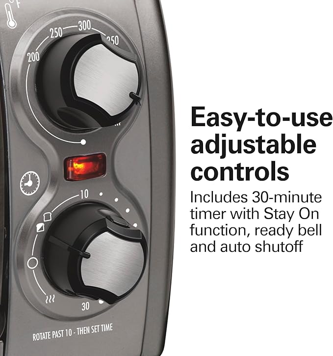 Hamilton Beach Easy Reach 4-Slice Countertop Toaster Oven With Roll-Top Door, 1200 Watts, Fits 9” Pizza, 3 Cooking Functions for Bake, Broil and Toast, Silver (31344DA)