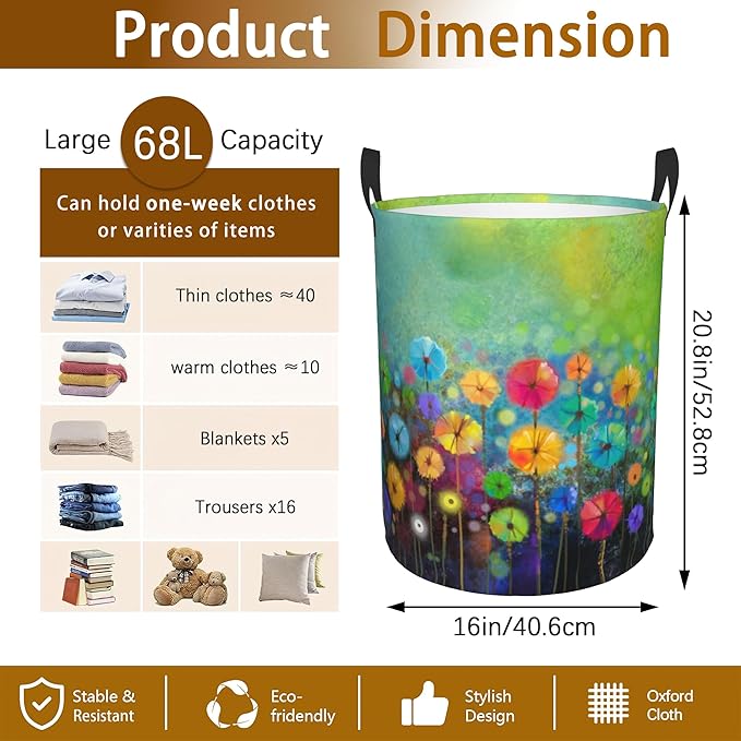 Abstract Floral Flower Painting Laundry Basket,Waterproof Laundry Hamper,Collapsible Organizer Basket for Storage Bin Toy Bins, Dirty Clothes Laundry Basket for Living Room/Bathroom/Bedroom