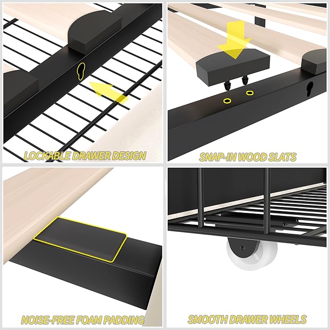 VECELO Queen Size Upholstered Bed Frame with 4 Storage Drawers, Adjustable Velvet Rivet Decor Headboard, Wooden Slats Platform Support, No Box Spring Needed, Easy Assembly