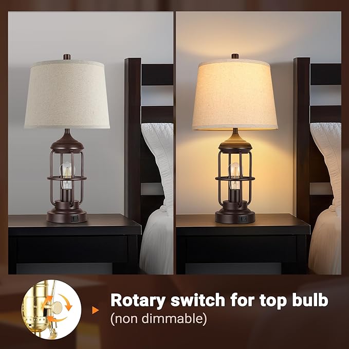 Qimh Table Lamp for Bedroom Set of 2 with USB A+C Ports, Farmhouse Bedside Lamp with Night Light, 3-Way Dimmable Touch Control, Rustic Industrial Nightstand Lamp for Living Room (2700K Bulbs Included)