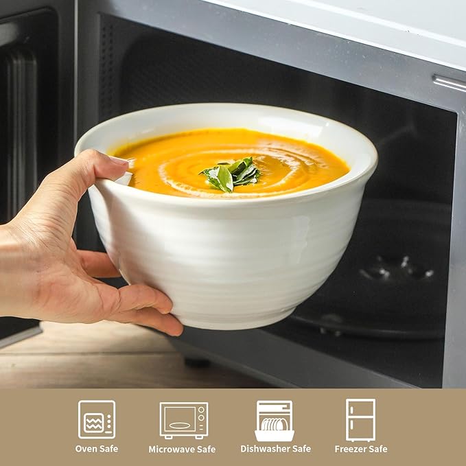 Hasense Soup Bowls, 40 Ounce Large Cereal Bowls for Kitchen, 7 Inch Ceramic Serving Dishes for Salad Pasta Oatmeal, Dishwasher and Microwave Safe, Clay-Infused White