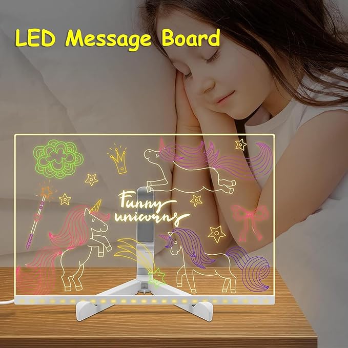 LED Note Board with Colors 11.8 X 7.9”, Acrylic Dry Erase Board with Light, Led Drawing Writing Board for Kids with 7 Marker Pen, Light up Message Board with Stand, Glow Rewritable Memo Board Write On