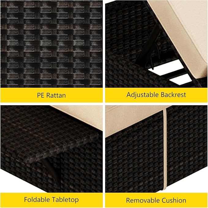 Outdoor Patio Rattan Chaise Lounge,Reclining Adjustable Pool Chaise Lounge Chair with Cushion,PE Wicker, Steel Frame, Sunbathing Chair for Beach, Yard, or Poolside, Set of 2 (Brown)