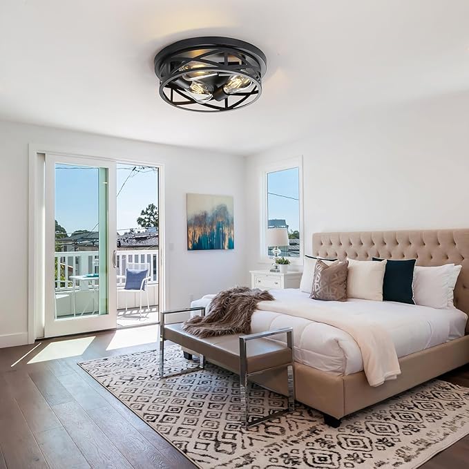 13 Inch Close to Ceiling Light Fixtures 2 Pack, 3-Lights Farmhouse Flush Mount Ceiling Light, Black Indoor Metal Cage Semi Flush Mount Ceiling Light for House Hallway Kitchen Bedroom