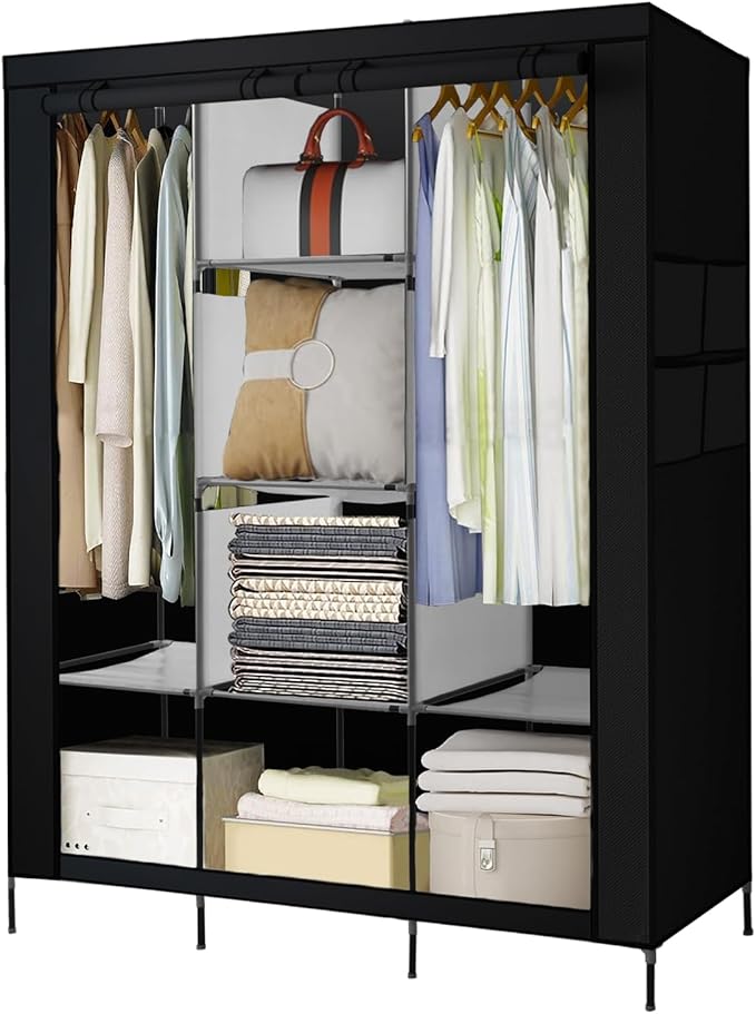 PLKO Portable Closet, Wardrobe Closet Organizer,Portable Clothes Closet Rolling Door Wardrobe with Black Oxford Fabric Cover for Bedroom, (Black)