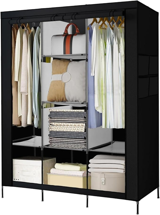 PLKO Portable Closet, Wardrobe Closet Organizer,Portable Clothes Closet Rolling Door Wardrobe with Black Oxford Fabric Cover for Bedroom, (Black)