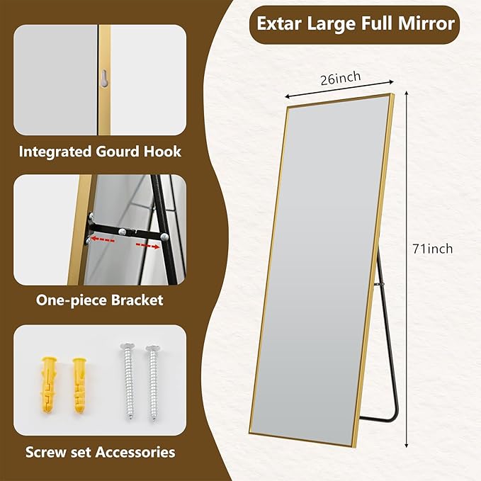 Koonmi Large Mirrors, 71"x26" Full Length Mirror with Stand, Full Body Mirror with Aluminum Alloy Frame, Hanging or Leaning Against Wall Floor Standing Mirrors for Bedroom Living Room, Gold