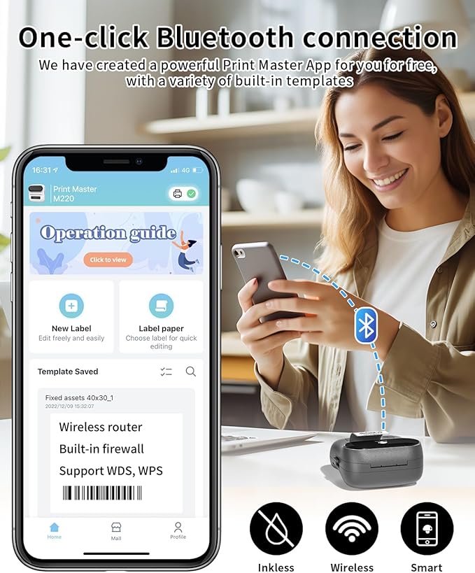 Phomemo Label Printer, M220 Thermal Bluetooth Barcode Label Maker, for Home, Office, School, Compatible with Phone & Laptop