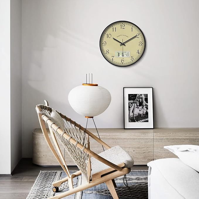 SCAOGE Retro Analog Wall Clock with Date Temperature Day Vintage Ivory Silent Battery Operated Digital Clocks with Week Large Display Clock Decorative for Living Room Kitchen Office Bathroom 12 Inch