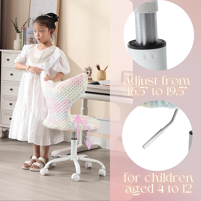 Fuzzy Desk Chair, Cute Swivel Children Desk Chair with Wheels for Kids Bedroom Upholstered Rolling Study Chair Adjustable Computer Chair Mermaid Back Vanity Chair for Teen Girls Boys, Light Colorful