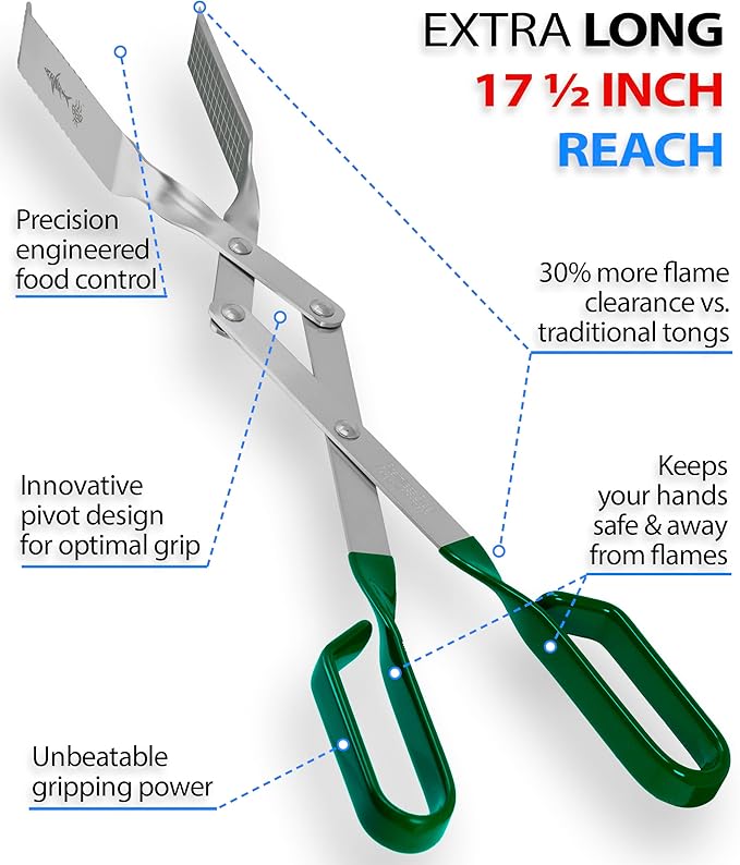 Shark BBQ Grill Tongs - 2-Pack, Great Value - 17" & 13" Professional Kitchen and Outdoor Grilling Utensil Set (Green)