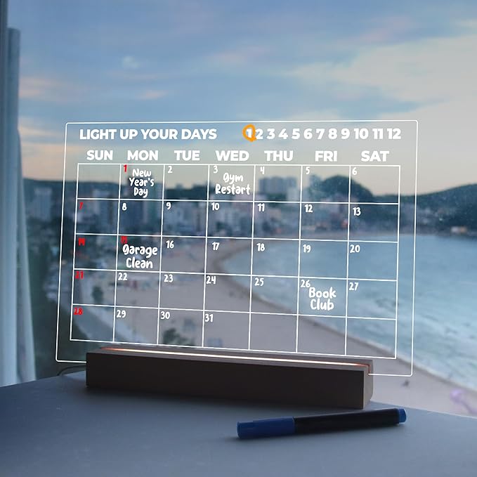 Dry Erase Calendar with Light, 13x9, USB-Powered Light Up Whiteboard, Includes 4 Markers & Eraser, Monthly Planner, Productivity Tracker, Home & Office Calendar