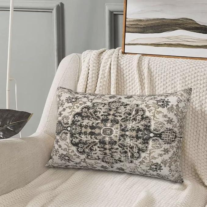 Boho Throw Pillow Covers 12x20 Set of 2, Black Brown Carpet Pattern Pillow Covers Ethnic Rustic Farmhouse Cushion Cases Linen Decorative Gifts for Couch Sofa Indoor Outdoor