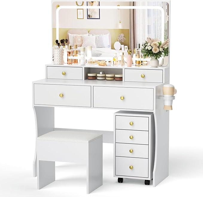 Pamapic Vanity Desk with File Cabinet, 8 Drawers Makeup Vanity with Mirror and Lights,3 Lighting Modes Dressing Table with Chair, Power Outlet, Silent Slides, White