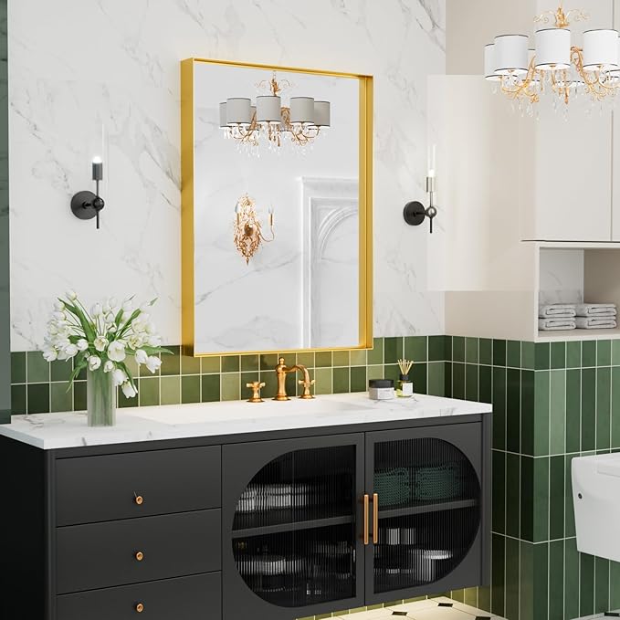 22x30 Inch Gold Bathroom Mirrors for Over Sink, Rectangular Vanity Mirror, Wall Mounted Mirrors, Anti-Rust, Tempered Glass, Framed Vanity Mirror, Horizontal or Vertical