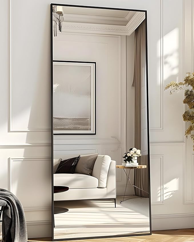 Antok Full Length Mirror, 58"x18" Floor Mirror with Stand, Hanging Mounted Mirrors for Bedroom, Living Room, Cloakroom, Dining Room, Black, Rect