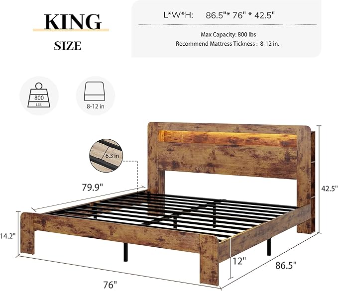 King Size Wooden Bed Frame with Bookcace Storage Headboard, Rustic Farmhouse Bedframe with LED Lights and Charging Station, Sturdy and Stable, Slat Support, No Box Spring Required (Brown, King)