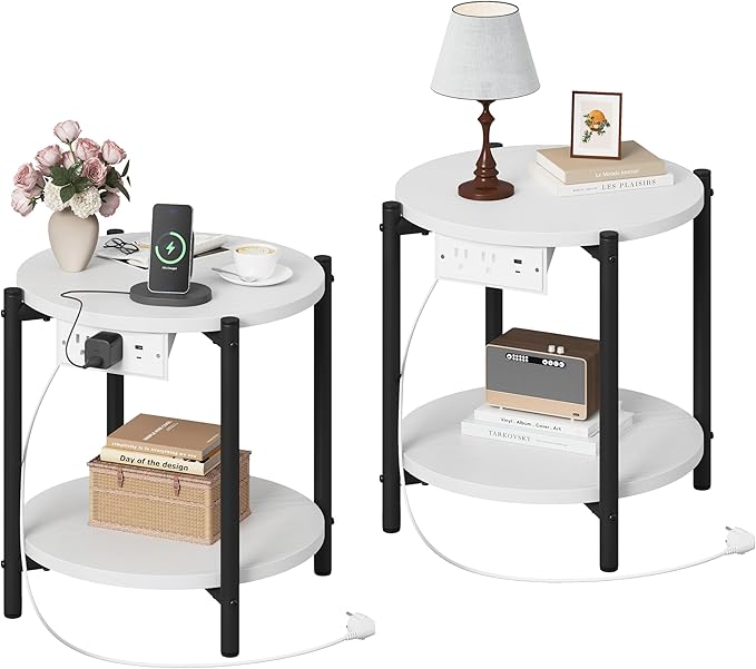 LIKIMIO Small Round End Tables Set of 2 with Charging Station, 2-Tier Wooden Side Tables, 15.8" W Modern Nightstands for Small Spaces, Living Room, Bedroom, White
