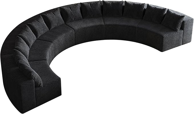KEIKI Corduroy Curved Sectional Sofa, 6 Seater Symmetrical Modular Semi Circular Couch, Deep Seat Tufted Corner Sofa for Living Room, Lobby, Black