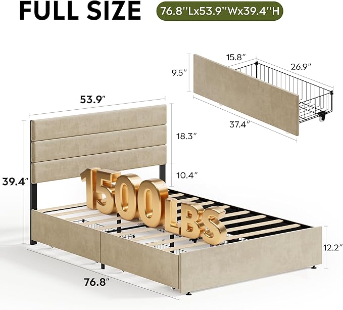 WLIVE Full Size Upholstered Bed Frame with 4 Drawers and Velvet Square Tufted Headboard, Sturdy Metal & Wooden Slats Support, No Box Spring Needed, Easy Assembly, Beige