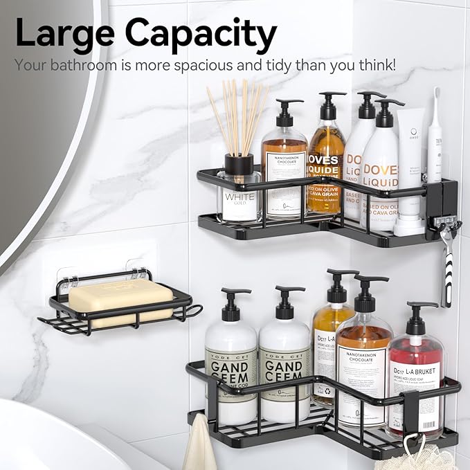 YASONIC Corner Shower Caddy Organizer, 3-Pack Adhesive Rustproof Stainless Steel Shower Shelves with Soap Holder, No Drilling Shower Storage Rack for Family Renters Bathroom, Black