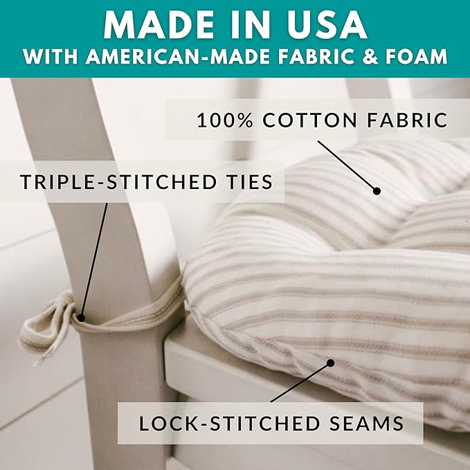 Barnett Home Decor Cotton Duck Natural Dining Chair Pad with Ties - 19 x 19 Size Large Chair Cushion - Latex Foam Fill - Solid Color Ivory, 100% Cotton, Made in USA (Unbleached Cotton)