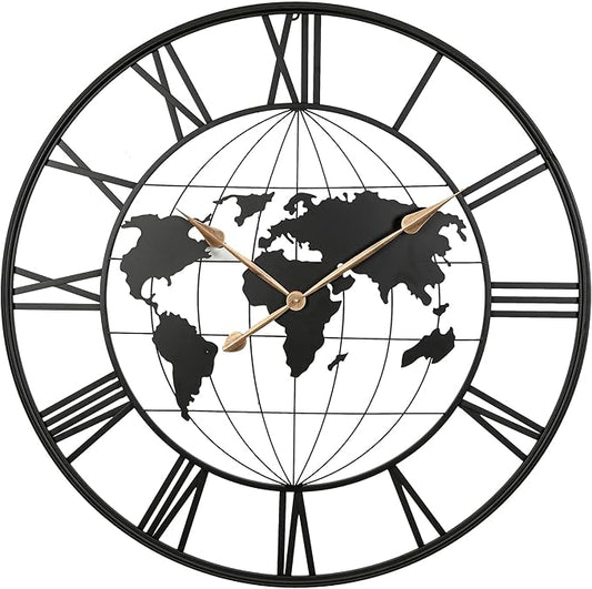 36 Inch Extra Large World Map Wall Clock,Metal Minimalist Modern Silent Non-Ticking Battery Operated Round Clock for Living Room, Bedroom, Office, Kitchen, Black Roman Numerals