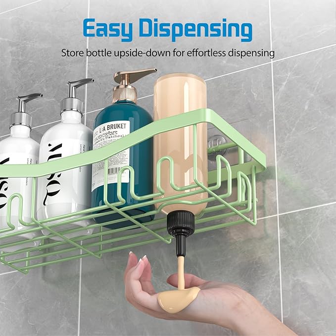 Adhesive Shower Caddy, No Drilling Bath Organizers 5 Pack, Rustproof Shelves with Soap Holder & Toothbrush Holder, Bathroom Organizers and Storage, Green