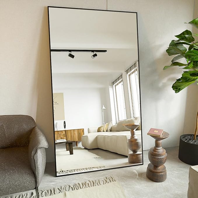 Koonmi Large Mirror Full Length 34"x76", Floor Body Mirror with Stand, Metal Frame Wall-Mounted Vanity Mirror, Hanging Leaning or Standing, Black
