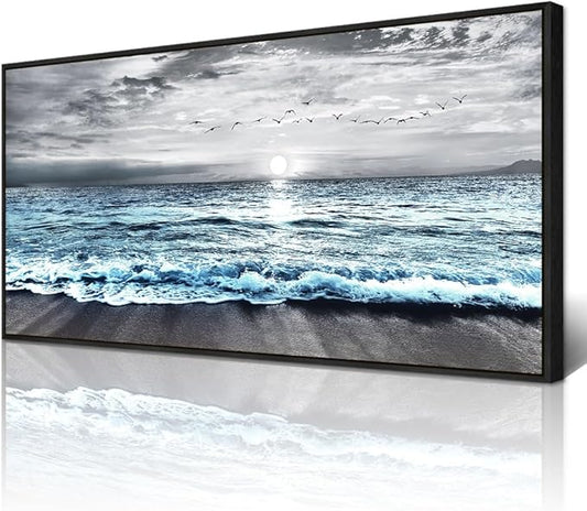 Wapluam Large Black Framed Wall Art For Living Room Wall Decor For Bedroom Office Wall Decorations Black And White Wall Painting Blue Sea Wave Pictures Artwork For Modern Beach Canvas Prints Poster