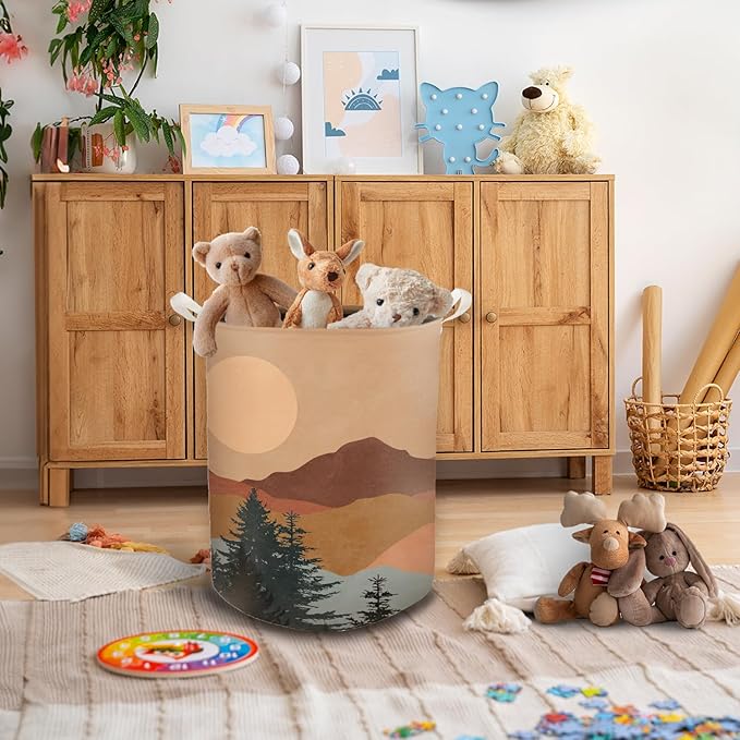Boho Laundry Basket, Mid Century Modern Boho Sun Forest Mountain Waterproof Collapsible Laundry Hamper Dirty Clothes Storage Toy Bin Organizer for Bathroom Bedroom Nursery Girls Kids Room