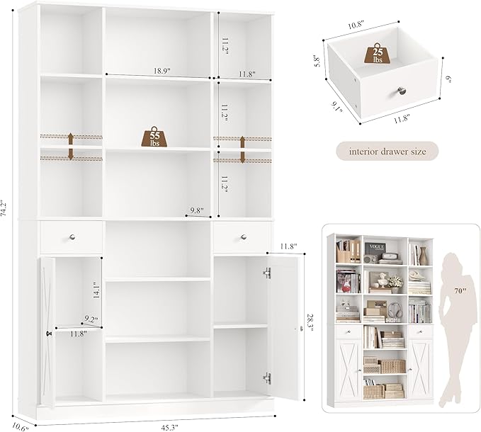HOSTACK 74" Tall Book Shelf and Bookcase, 45" Wide Bookcase with Doors and Drawers, Modern 6 Tier Bookshelf with Storage, Large Wood Display Cabinet with Adjustable Shelves for Home Office, White