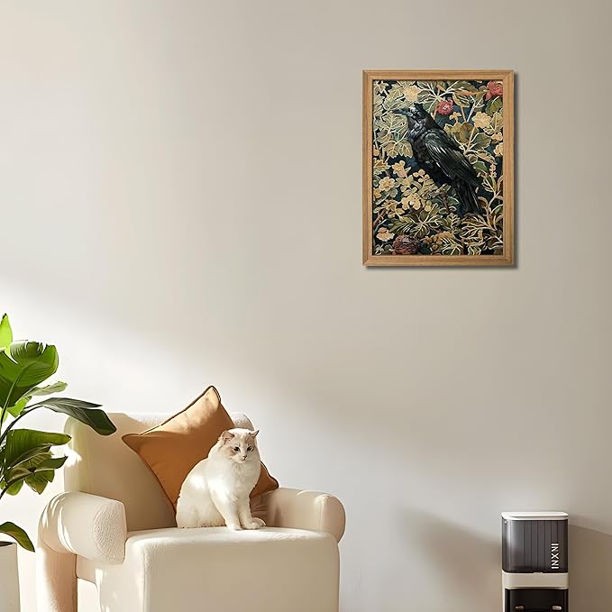 AKWISH Framed 3D Textured Vintage Wall Art - Dark Academia Decor Hand Drawn Sandstone Black Crow Paintings with Botanical Florals, Aesthetic Wall Decor for Living Room Bedroom Home 12x16 inch