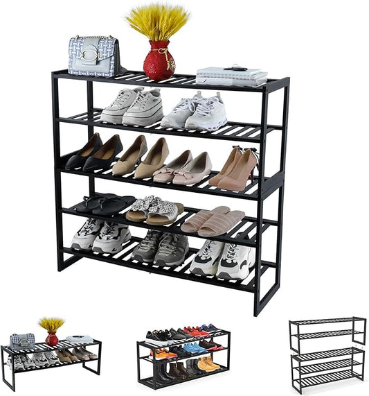 Shoe Rack Bamboo 5 Tier Shoe Organizer, Storage 20-25 Pairs for Closet Entryway, Stackable Large Tall Shoe Shelf Holder Stand Cubby for Door Hallway Bedroom Garage