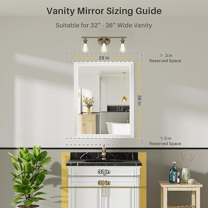 28x36 Inch White Bathroom Mirror for Wall, Thick Metal Framed Rectangle Mirrors for Over Sink, Bedroom, Living Room, Entryway, Anti-Rust, HD Tempered Glass