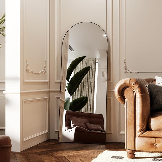 Arched Full Length Mirror 58"x19", Black Tempered Glass Wall Hanging Mounted Body Length Mirrors with Stand, Large Floor Aluminum Alloy Thin Frame