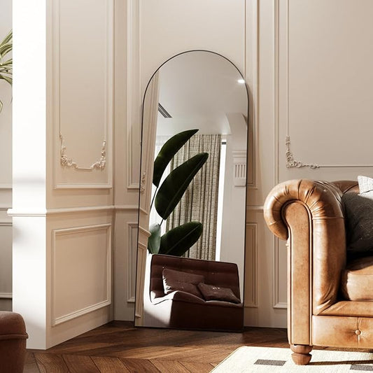 Arched Full Length Mirror 58"x19", Black Tempered Glass Wall Hanging Mounted Body Length Mirrors with Stand, Large Floor Aluminum Alloy Thin Frame