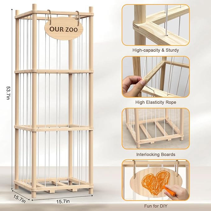 Stuffed Animal Storage Organizer - Thick Wooden Toy Zoo for Playroom & Bedroom, Large Plushies Holder with Cute Jail Cage Design, Plush Toy Display Tower Shelf (Large)