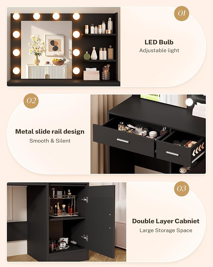 Lighted Makeup Vanity Desk, 35.4”W x 15.7“D x 54”H, Black (with Lights and Mirror, Dimming Function, 2 Drawers and 1 Cabiniet, Open Shelves)