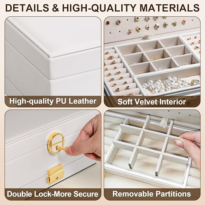 Yoobao Jewelry Organizer Box for Women, 3 Layer Large Jewelry Case with Removable Tray for Earrings Necklaces Rings Bracelets, Double Lock, Ideal Present for Christmas Valentine Mother's Day