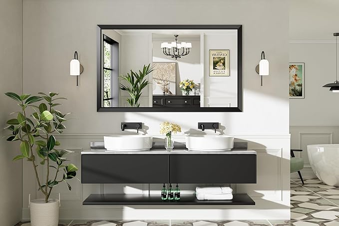 60x36 Inch Black Bathroom Mirror for Wall, Thick Metal Framed Rectangle Mirrors for Over Sink, Bedroom, Living Room, Entryway, Anti-Rust, HD Tempered Glass